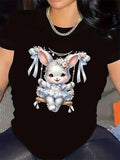 Women's T-Shirt Pink Flowers Blue Ribbon Swinging Fluffy Bunny Under Garland Bunny