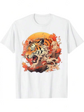 Men's T-Shirt Roaring Tiger In Autumn Leaves With Setting Sun Tiger