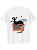 Men's T-Shirt Retro Television With Playful Black Cat And Colorful Shapes