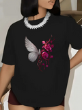 Women's T-Shirt Luminous Pale Butterfly Resting On Vibrant Roses In The Night