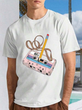 Men's T-Shirt Retro Pink Cassette With Tangled Tape And Yellow Pencil
