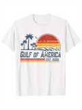 Men's T-Shirt Gulf Of America Vintage Sunset With Palm Trees Seagulls Waves And Red Orange Sun