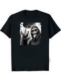 Men's T-Shirt Monochrome Forest Scene With UFO Hovering Over Cheeky Bigfoot