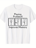 Men's T-Shirt Playing Pickleball Comic Strip With Handdrawn Stick Figures On White Shirt