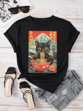 Women's T-Shirt Ramen Adventure With Mount Fuji And Japanese Black Cat
