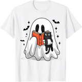 Men's T-Shirt Playful Ghost With Book Surrounded By Bats And Black Cat