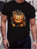 Men's T-Shirt Spooky Autumn Leaves With Glowing Candles Around Grinning Pumpkin