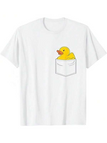 Men's T-Shirt Cheerful Yellow Duck Sitting In Drawn Pocket On White Cotton T Shirt