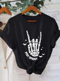 Women's T-Shirt Stay Spooky Skeleton Hand With Flying Bats Among Creepy Halloween Atmosphere Shirt