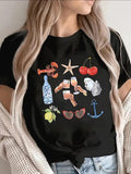 Women's T-Shirt Wine Glasses And Shells With Summer Beach Objects T Shirt