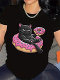 Women's T-Shirt Relaxed Black Cat With Pink Frosted Donut Under Playful Sprinkles Sitting Donut