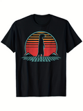 Men's T-Shirt Retro Sunset With Scenic Mountain Silhouette Behind Standing Dinosaur