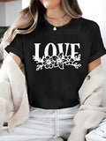 Women's T-Shirt Love Bold Letters With Delicate Flower Illustration Short Sleeve T Shirt