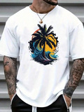 Men's T-Shirt Vivid Sunset Waves With Silhouetted Palm Tree Among Ocean Breeze