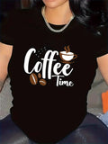 Women's T-Shirt Coffee Time Steaming Cup With Scattered Beans And Playful Lettering