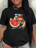 Women's T-Shirt Colorful Sunglasses And Watermelon With Relaxed Happy Hamster