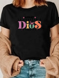Women's T-Shirt Colorful Butterfly With Playful Letters On Black T Shirt