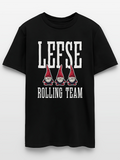 Men's T-Shirt Lefse Rolling Team With Three Playful Cartoon Gnomes Wearing Red Hats