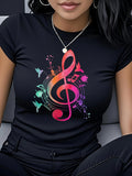 Women's T-Shirt Colorful Music Notes With Flying Birds Around Treble Clef