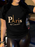 Women's T-Shirt Romantic Paris Lettering With Gold Eiffel Icon On Black Shirt