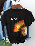 Women's T-Shirt Moo Colorful Feathers Playful Cartoon Turkey On Black Tee