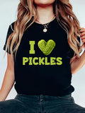 Women's T-Shirt I Love Pickles With Heart Shaped Green Patterned Pickle Illustration