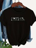 Women's T-Shirt Cartoon Style Black And White Playful Cats Illustration Cat