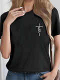 Women's T-Shirt Faith Minimalist Vertical Script On Solid Black Cotton T Shirt
