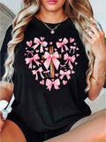 Women's T-Shirt Pink Ribbons And Hearts Forming A Loving Heart Around Wooden Cross