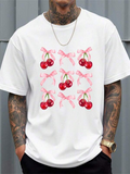 Men's T-Shirt Shiny Pink Ribbon Patterns With Juicy Red Cherries Fruit