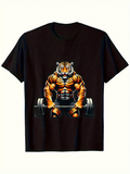 Men's T-Shirt Weightlifting Gym Beast With Muscular Fierce Tiger Standing Strong Barbell