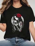 Women's T-Shirt Tattooed Woman With Red Rose Holding A Human Skull