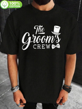 Men's T-Shirt The Grooms Crew White Lettering With Hat And Bow Tie Black Shirt
