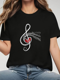 Women's T-Shirt Sparkling Musical Notes With Heart Shaped Centerpiece Treble Clef