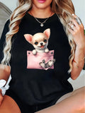 Women's T-Shirt Adorable Puppy Peeking Out From Pink Pocket With Soft Shading Playful Chihuahua