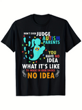 Men's T-Shirt Dont Ever Judge Autism Parents Colorful Puzzle Handprint Surrounded By Stars T Shirt