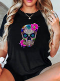 Women's T-Shirt Vivid Floral Ornaments With Colorful Patterns Embellishing Decorative Skull