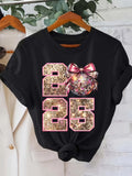 Women's T-Shirt Sparkling Pink Ribbon With Glitter Accents Embellishes Number Twenty Five