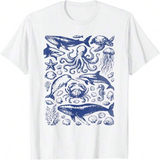 Men's T-Shirt Blue Ocean Life With Whales Octopus Sharks And Jellyfish Creatures