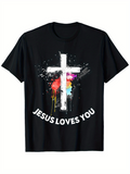 Men's T-Shirt Jesus Loves You Vibrant Paint Splashes Behind White Textured Cross