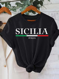 Women's T-Shirt Sicilia Italia Bold White Letters With Green Red Stripe On Black Shirt