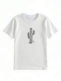 Men's T-Shirt Shaded Minimal Sketch Cactus On Open White Plain Shirt
