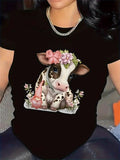 Women's T-Shirt Whimsical Cow With Pink Flowers Butterflies And Playful Bunny Surrounded By Blossoms Cow