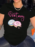 Women's T-Shirt Dont Worry Colorful Sprinkled Donuts With Playful Cat