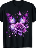 Men's T-Shirt Vivid Purple Petals With Graceful Butterfly Resting On Blooming Rose