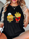 Women's T-Shirt Cartoon Burger With Waving French Fries Under Smiling Friend Burger