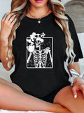 Women's T-Shirt Monochrome Skeleton With Flowers Surrounded By Abstract Framing Skeleton