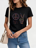 Women's T-Shirt Peace Love Multicolor Floral Pattern On Black Shirt