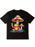 Men's T-Shirt Rainbow Tie Dye Frog Sitting With Peace Gesture Among Colorful Mushrooms