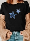 Women's T-Shirt Artistic Denim Textured Blue Stars Floating On Plain Cotton T Shirt